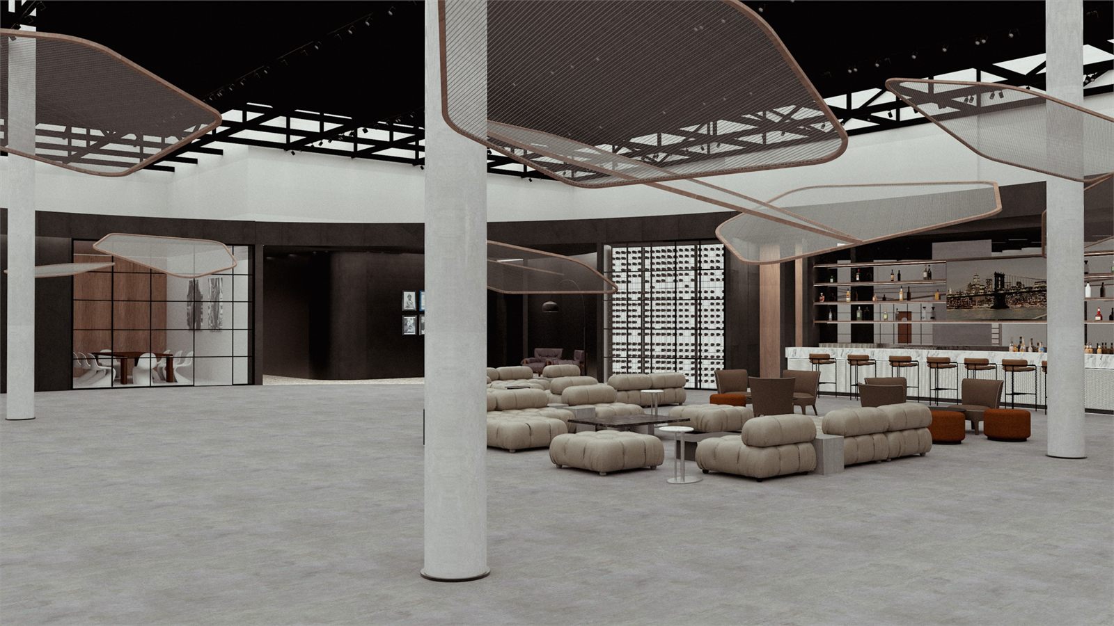 Bar hall seen from the entrance, modular lounge seating between concrete columns and the bar counter beyond