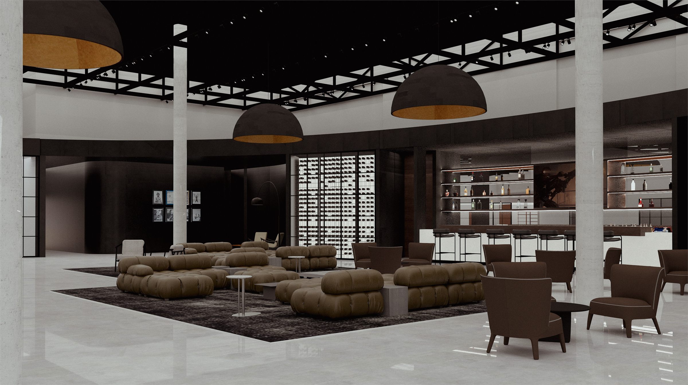 The same bar hall with brass dome pendants suspended from a dark ceiling grid