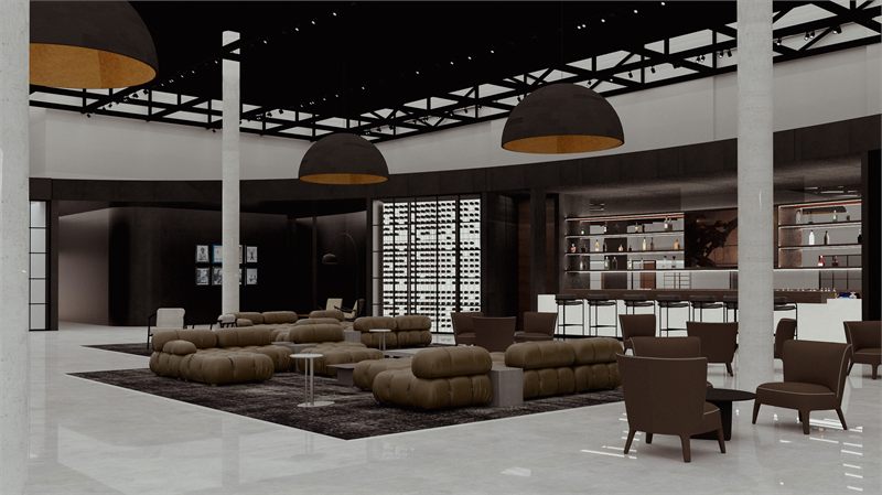 The same bar hall with brass dome pendants suspended from a dark ceiling grid