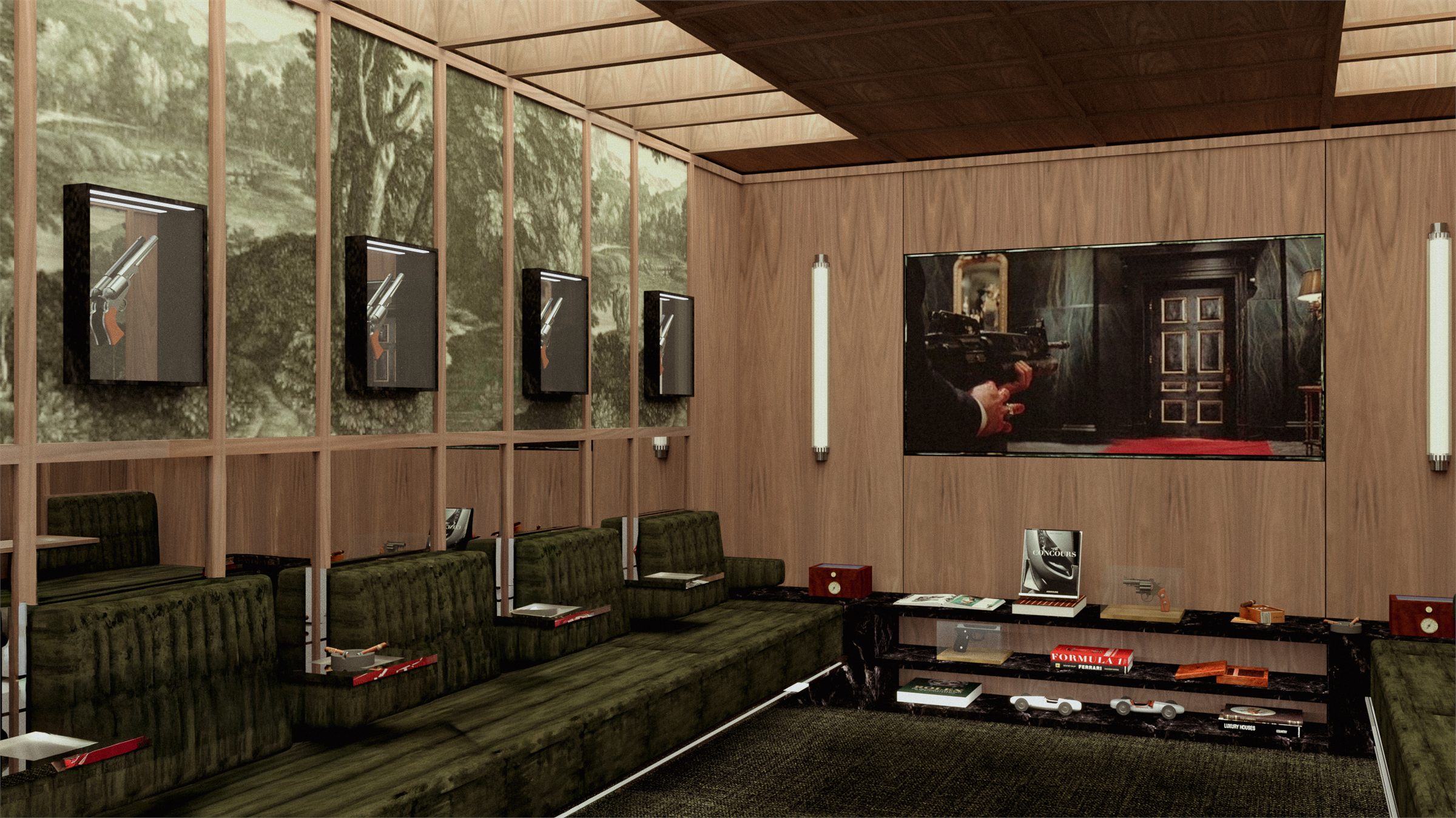 Cigar room with green velvet banquettes below scenic wall panels and full-height glazing