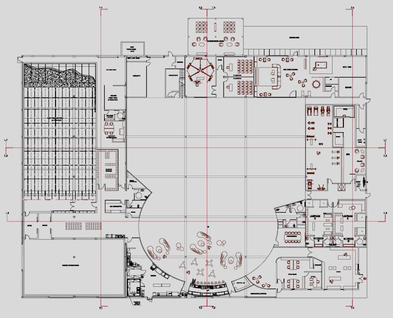 Floor plan of the club showing retail and arrival at the perimeter, the bar hall at the centre, and the range along one edge