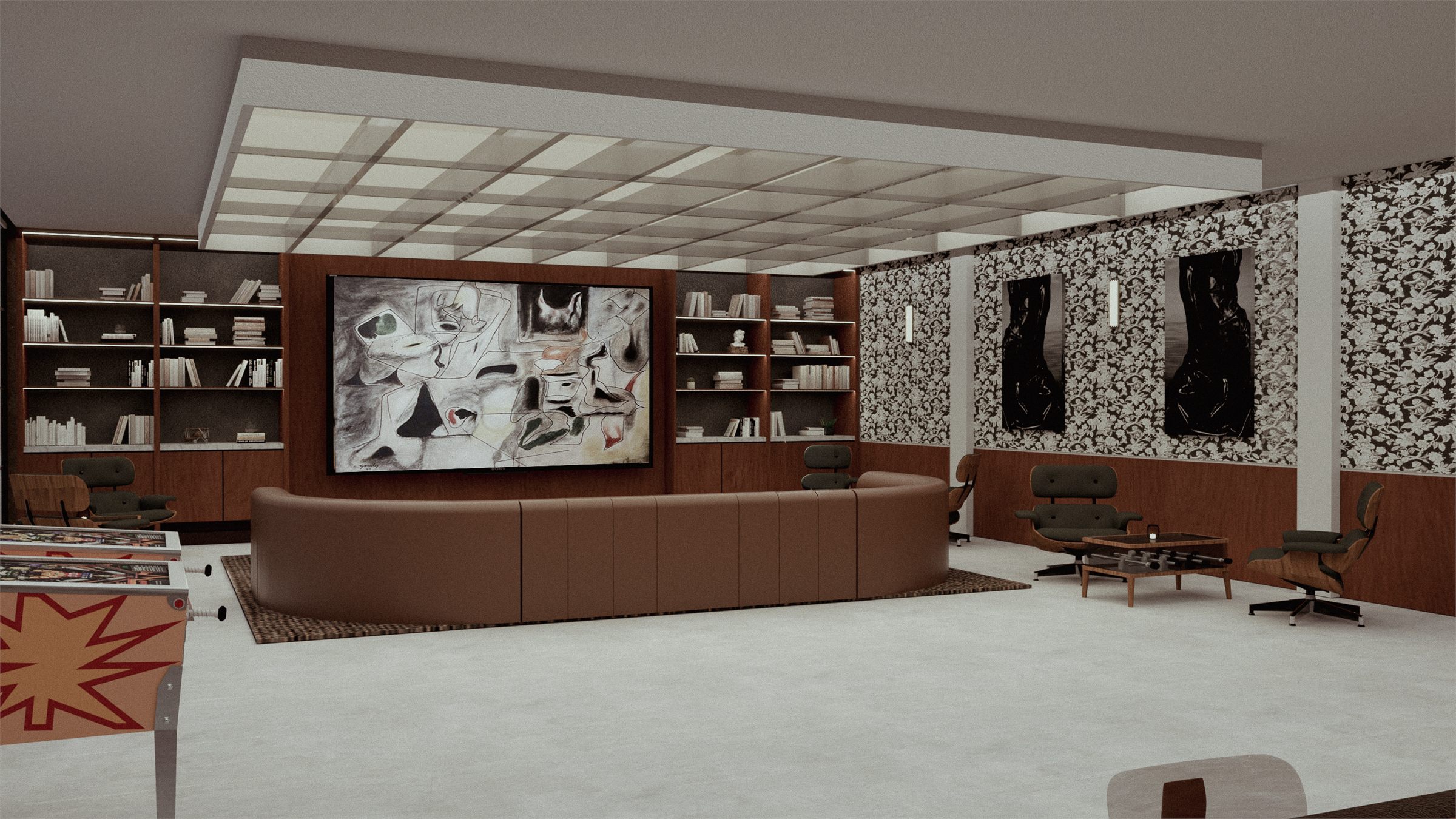 Members' lounge with a curved banquette below a commissioned canvas