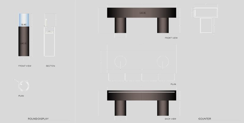Front view, section, and plan of the round display and counter units