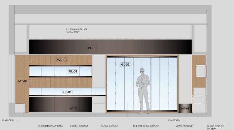 Measured elevation of the retail display case with glass, cabinet, and platform finishes tagged