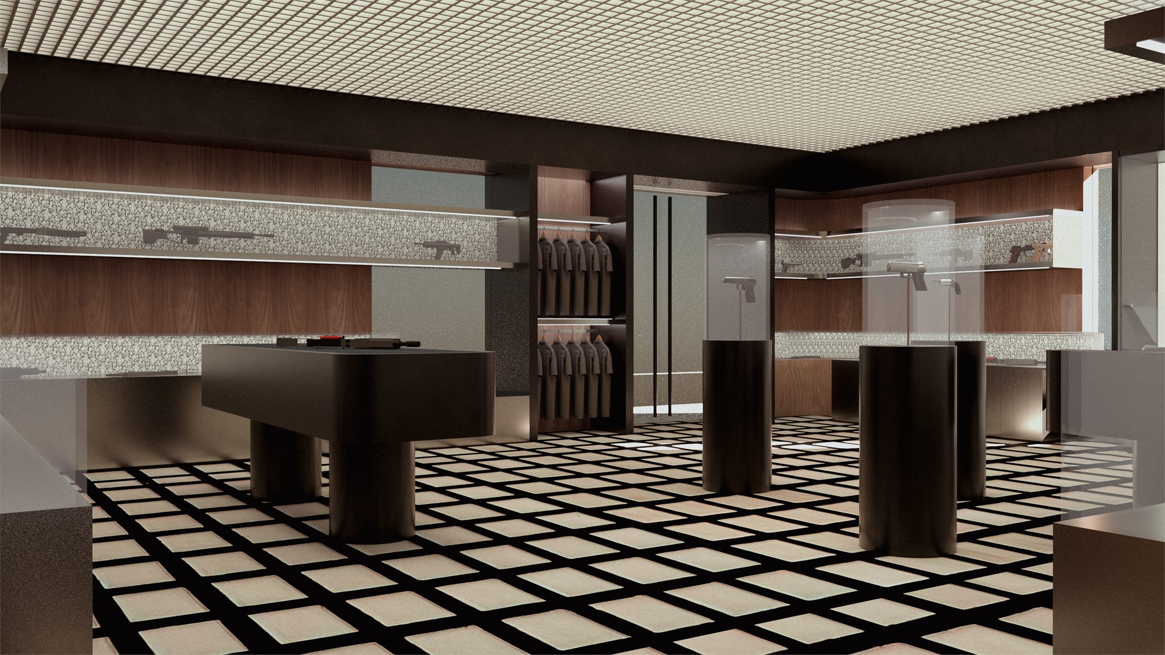 Retail space with lit vitrines and a chequerboard stone floor