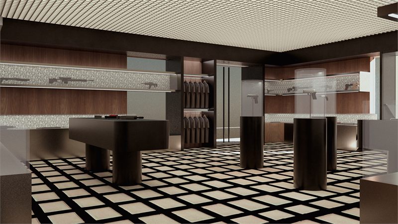 Retail space with lit vitrines and a chequerboard stone floor