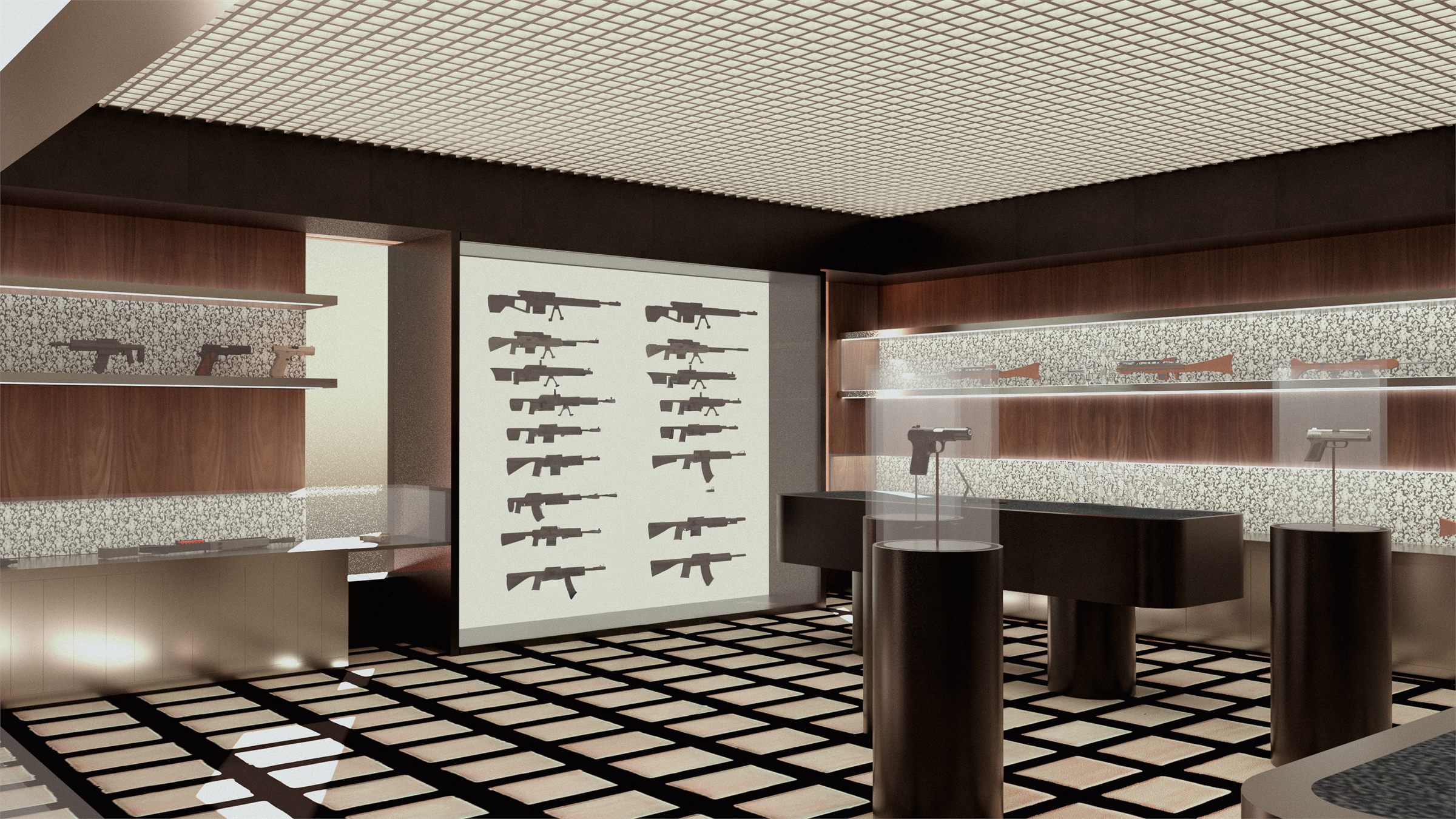 Backlit display wall of mounted rifles behind the retail counter