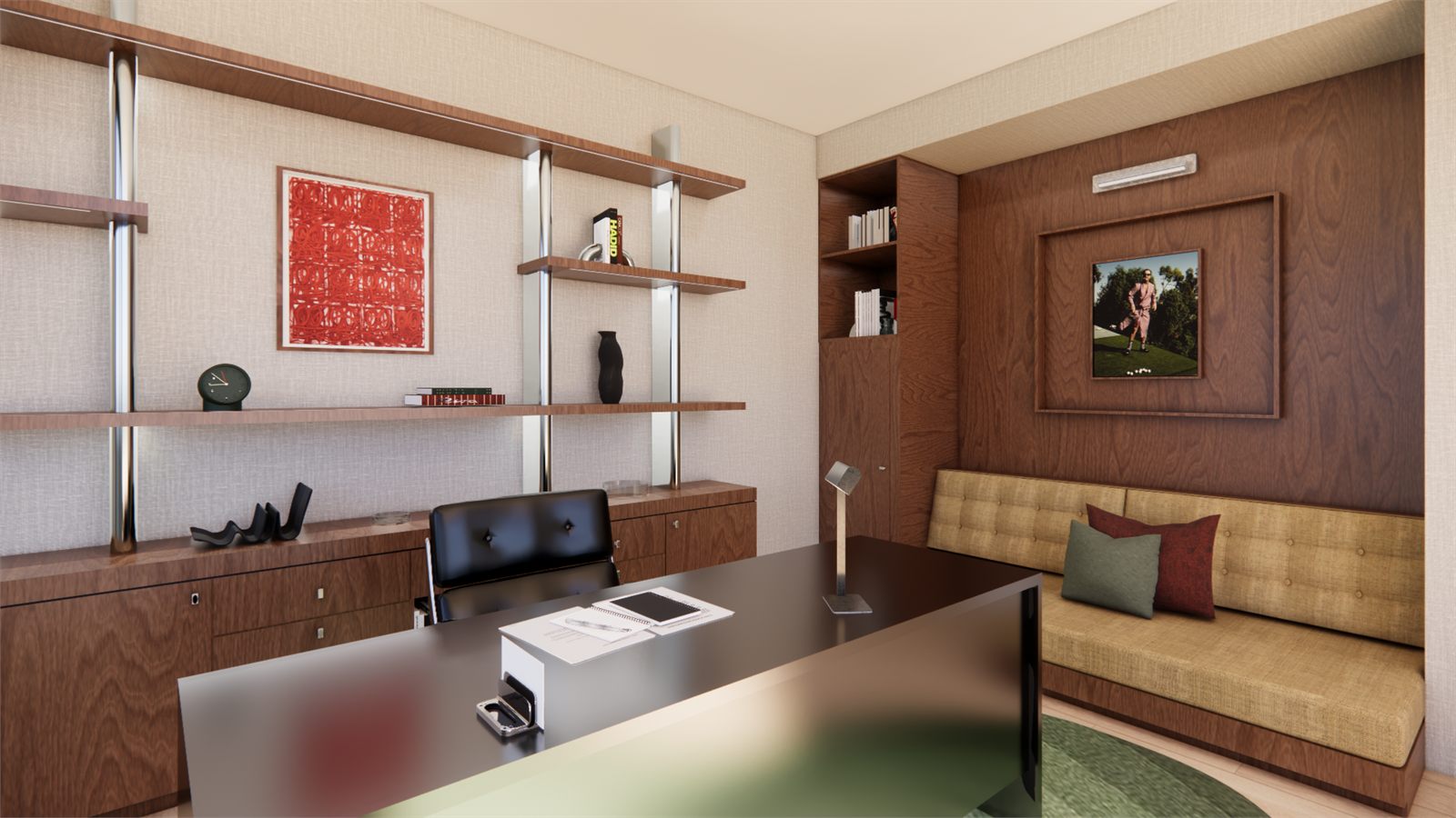 Desk and suspended shelving against the panelled wall, banquette along the window