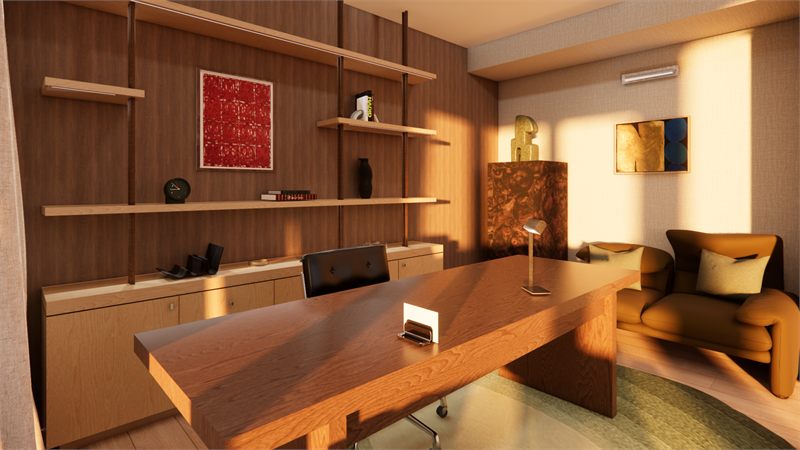 Study in dark walnut lit warm from the shelving, desk running into the room