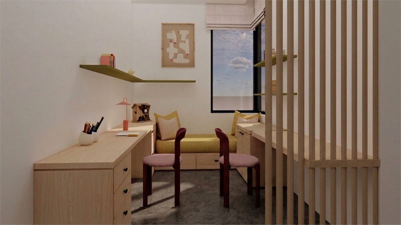 Kids' study nook in pale oak: a desk run with drawers, an olive shelf, a window seat with yellow cushions, and two burgundy chairs behind a timber slat screen