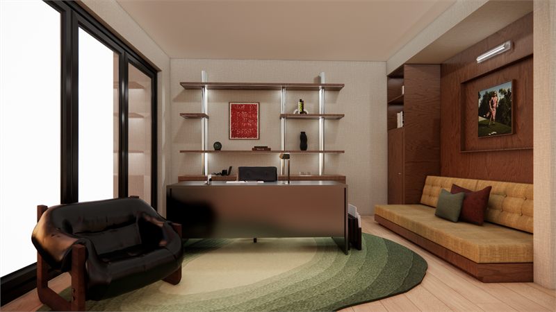 The study from the window end, green rug and a leather armchair