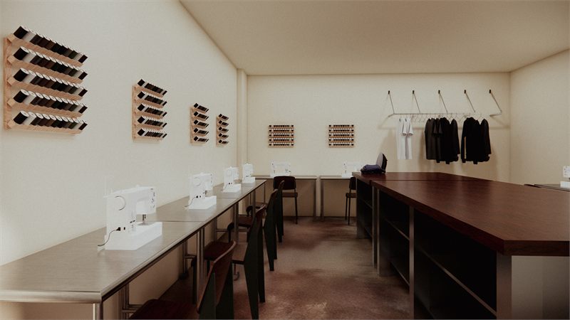 Tailoring atelier with machine benches down one side and a long cutting table