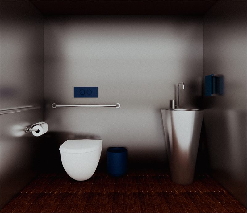 Washroom with a sculptural basin and dark timber floor