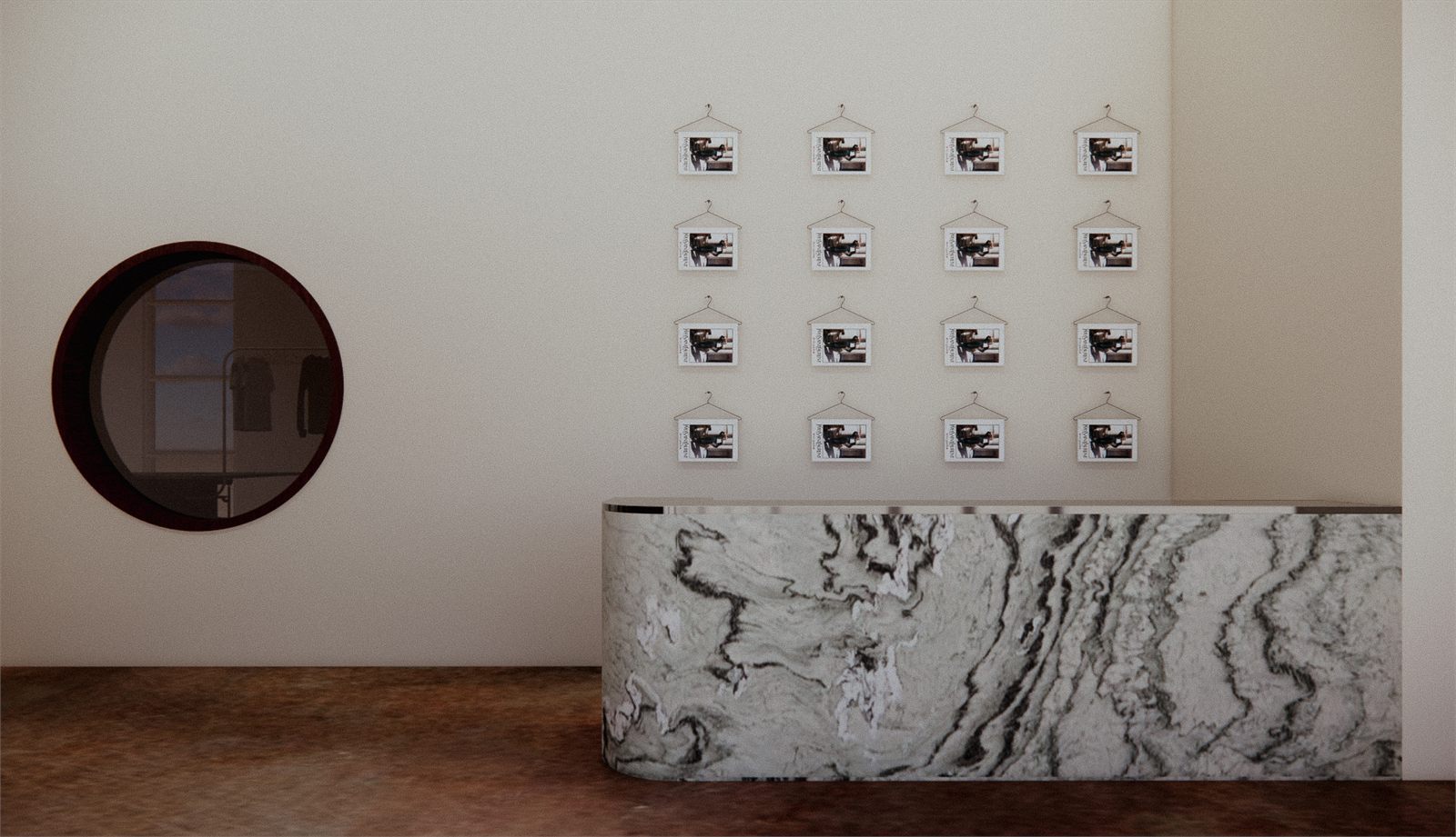Figured marble counter and a round mirror against a pale wall