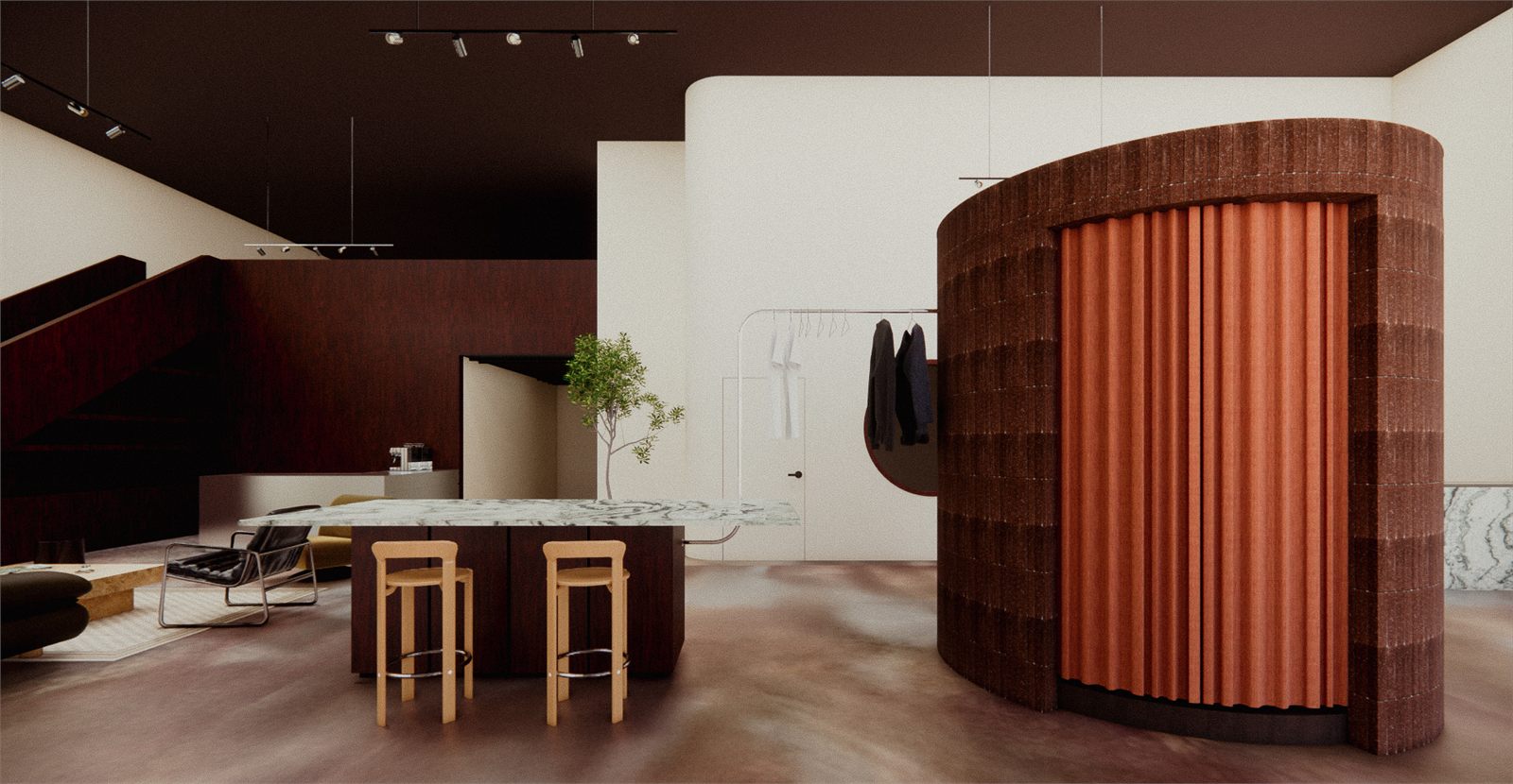 Ribbed red curved fitting volume beside a stone counter and stools