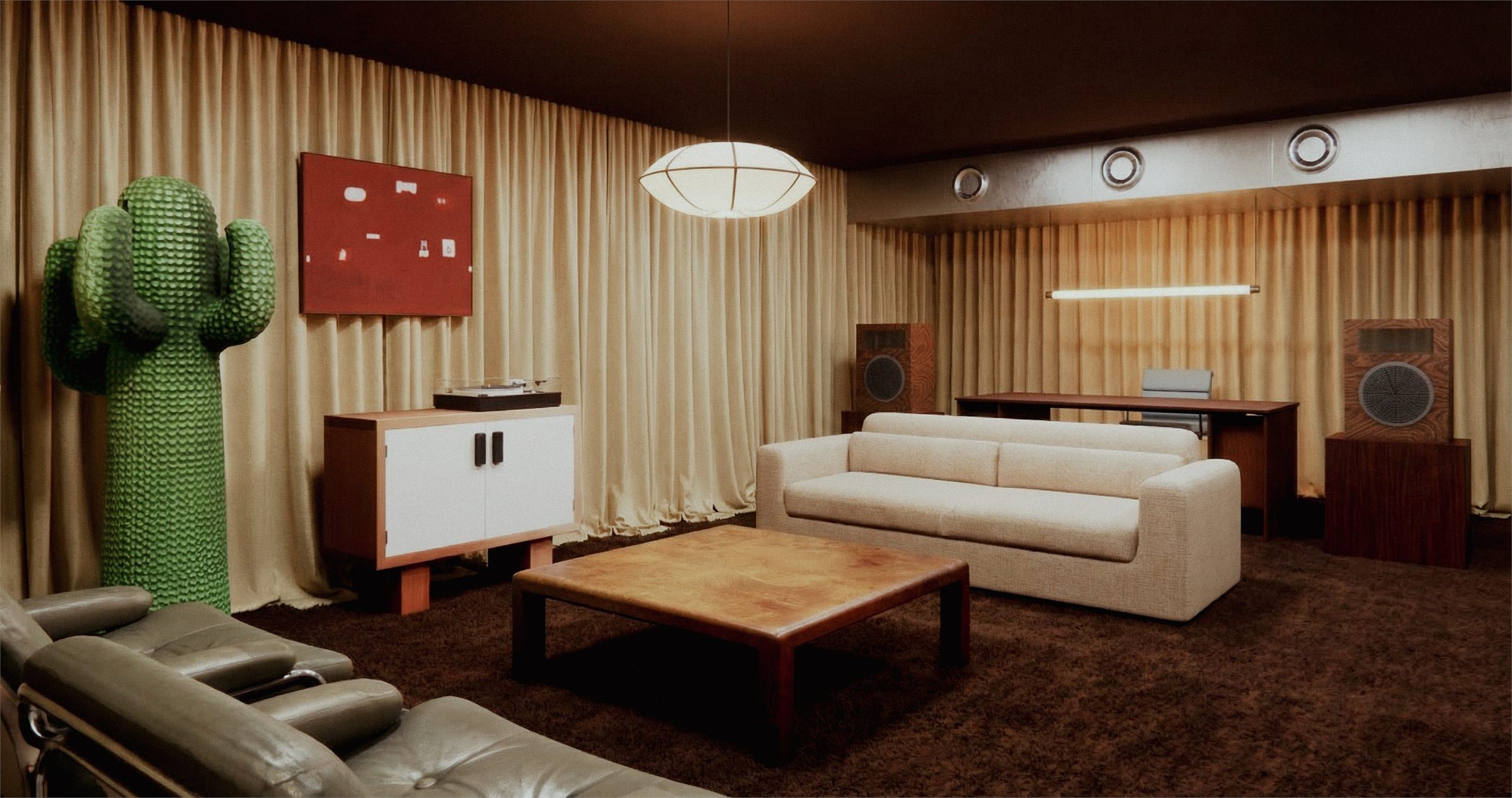 Curtained lounge with a cream sofa, low timber table, and a green cactus sculpture
