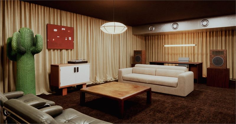 Curtained lounge with a cream sofa, low timber table, and a green cactus sculpture