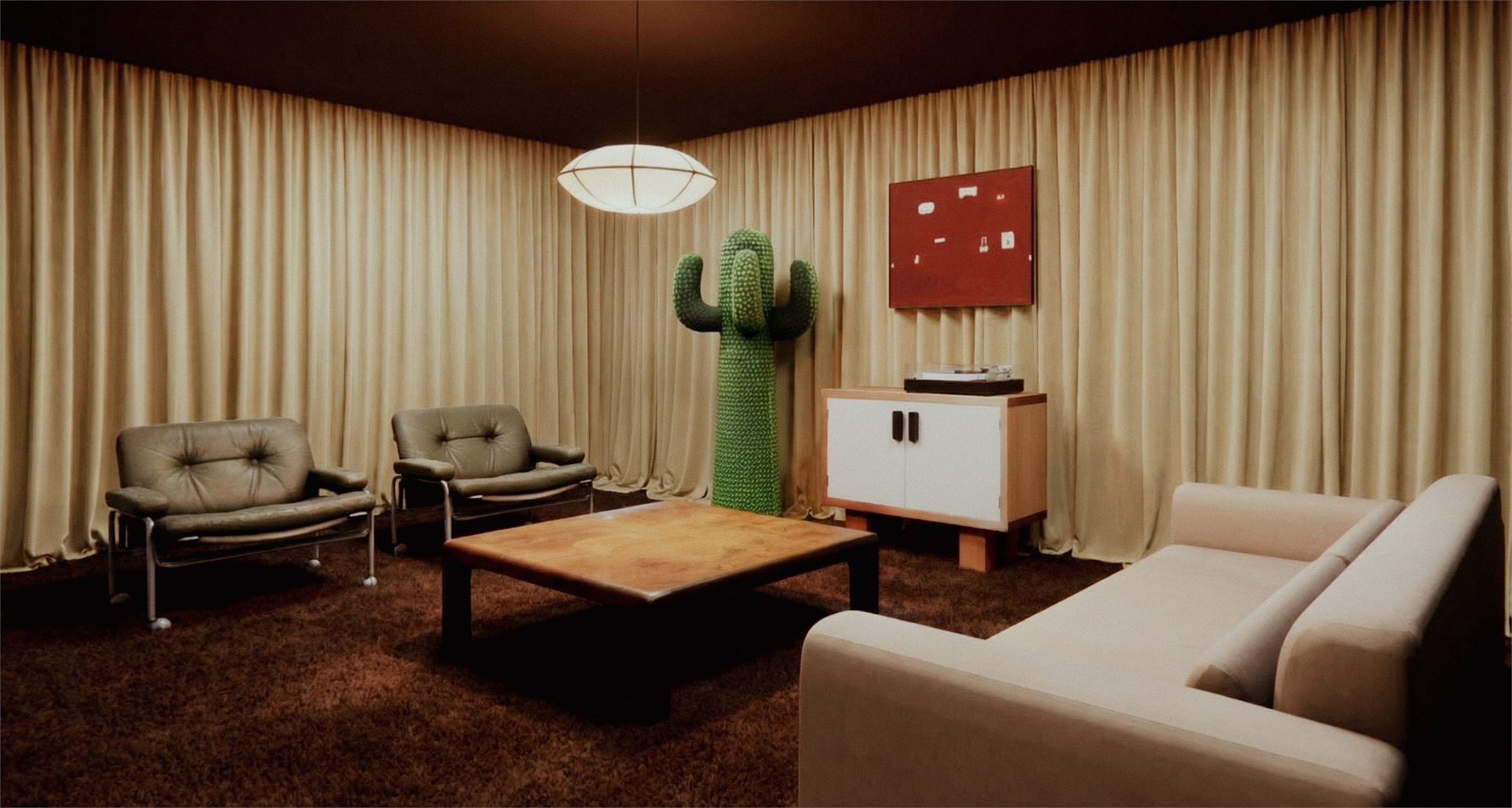 The lounge resolved warmer, curtains drawn and a red panel above the console