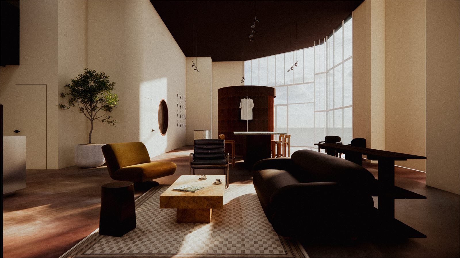 Olive tree beside a yellow lounge chair and dark seating, daylight from the tall window