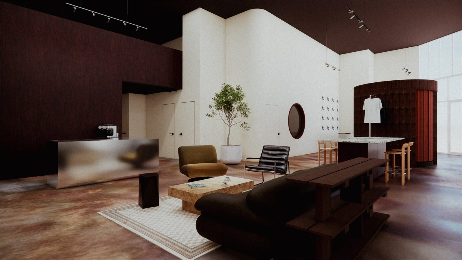 Retail floor with a long bench, seating, and a curved fitting volume beyond