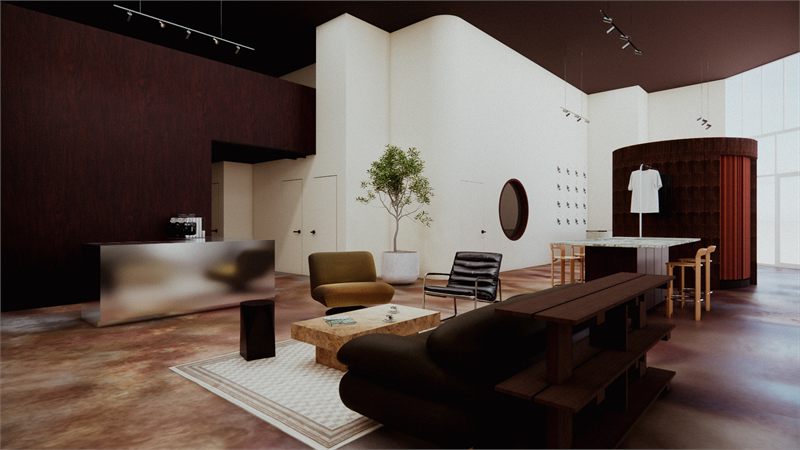 Retail floor with a long bench, seating, and a curved fitting volume beyond