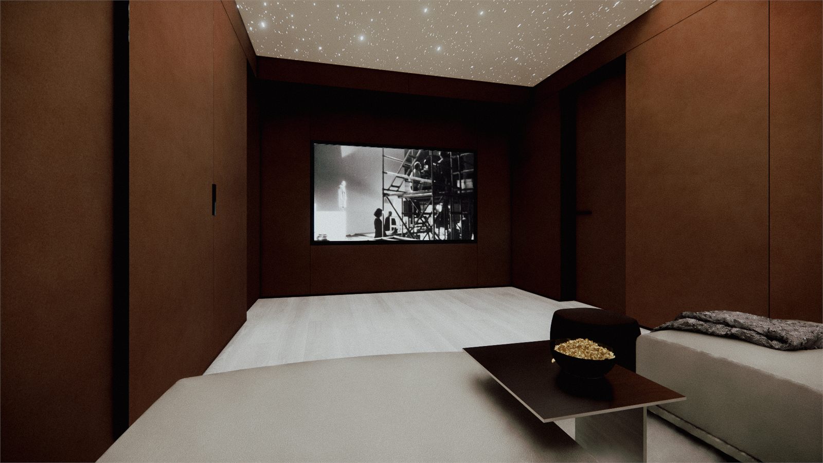 Private cinema lined in warm timber with a star ceiling and a low daybed
