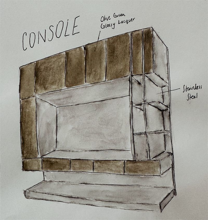 Hand-drawn study of the living room console in wash and pencil
