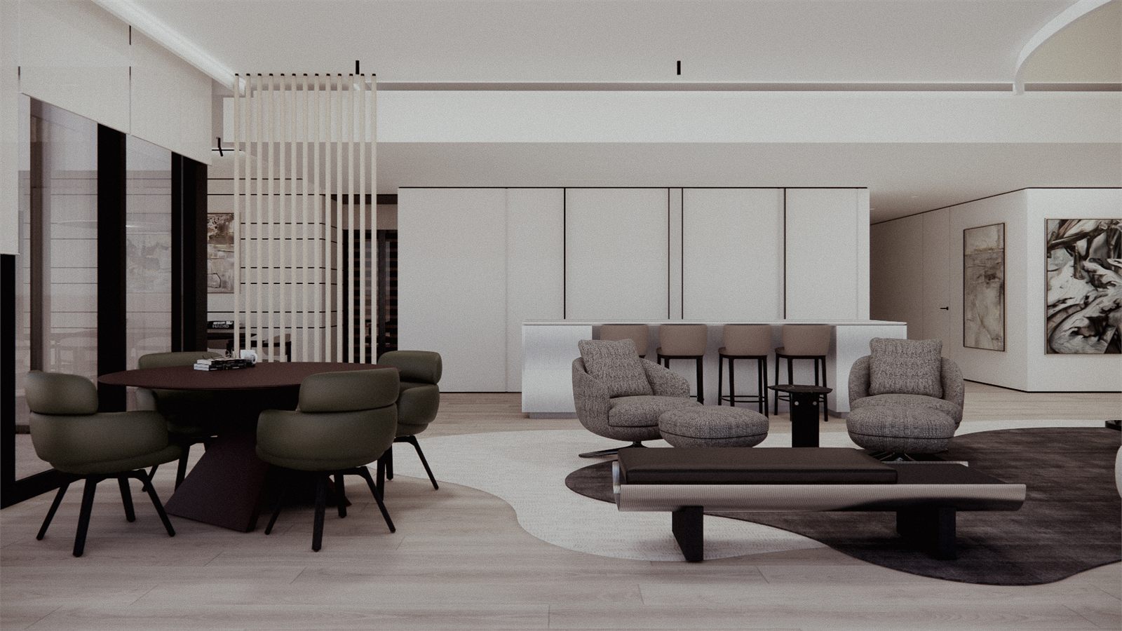 Dining table and chairs beyond a low curved sofa, beaded screen dividing the two