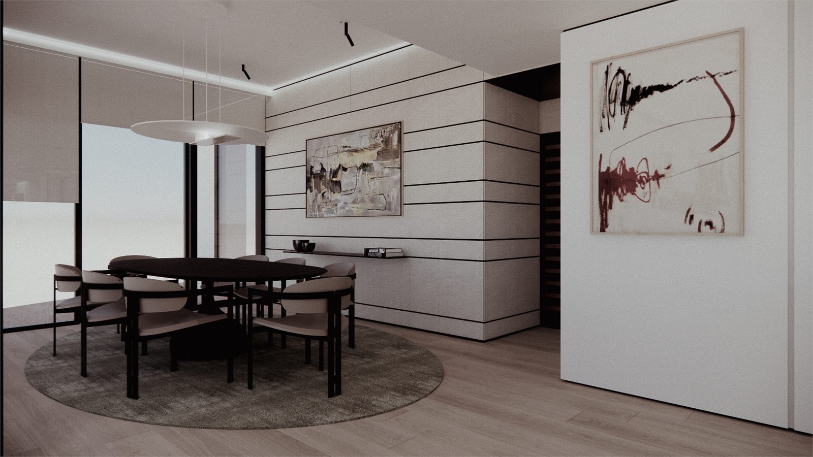 Dining table under a dark pendant, ribbed wall panelling and a large canvas behind