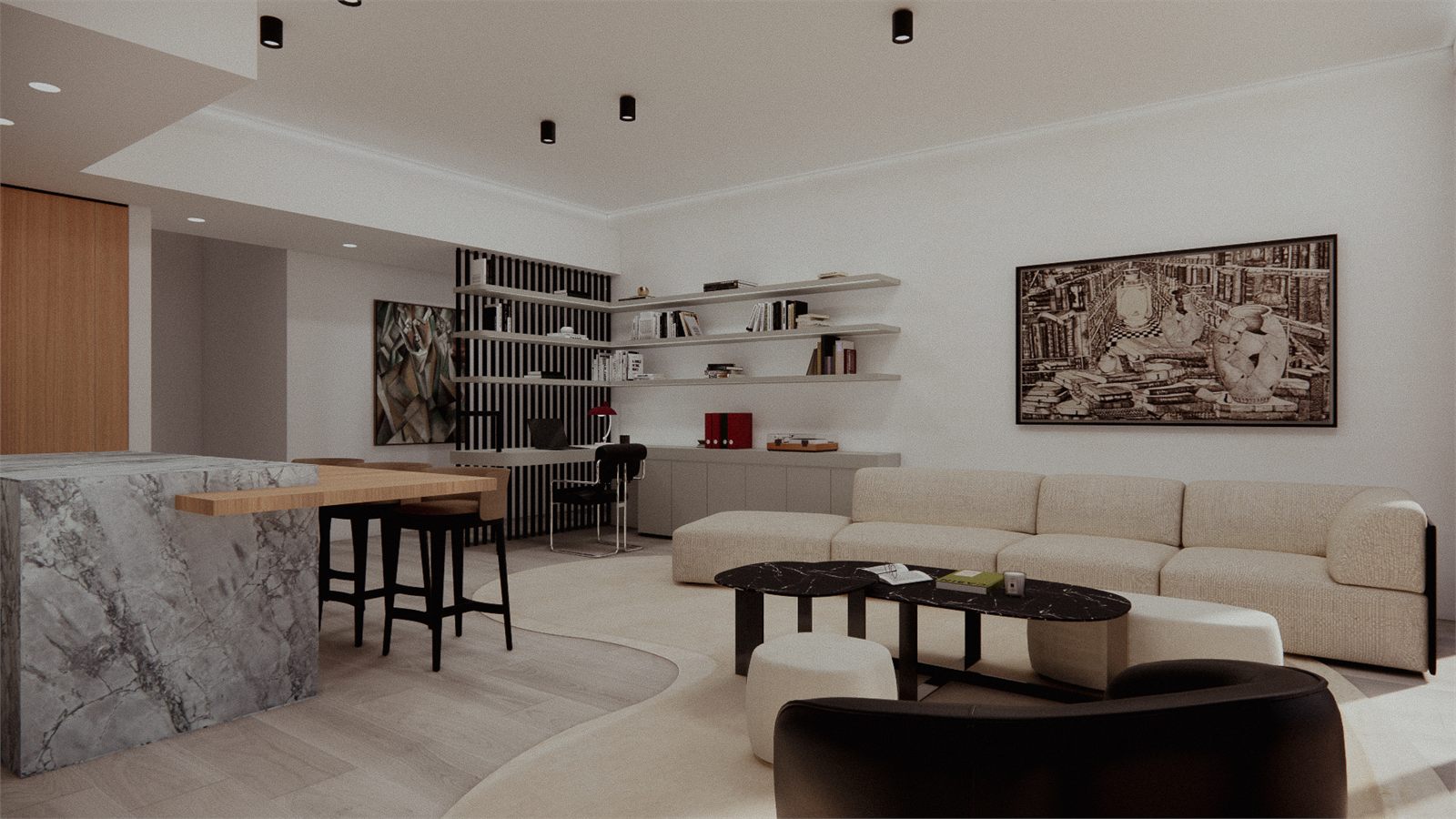 The same room from the kitchen, shelving and a long sofa beyond the island
