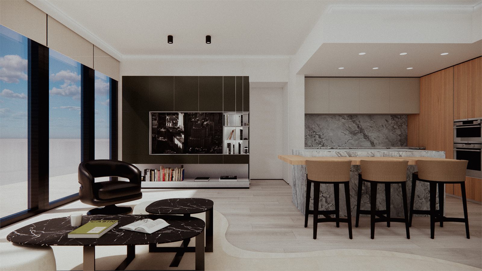 Guest living room with a stone kitchen island, bar stools, and a wall-hung media unit