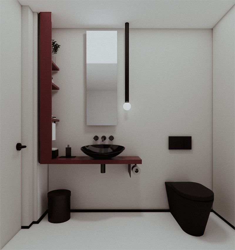 Powder room with a red-brown vanity, vessel basin, and a tall slim mirror