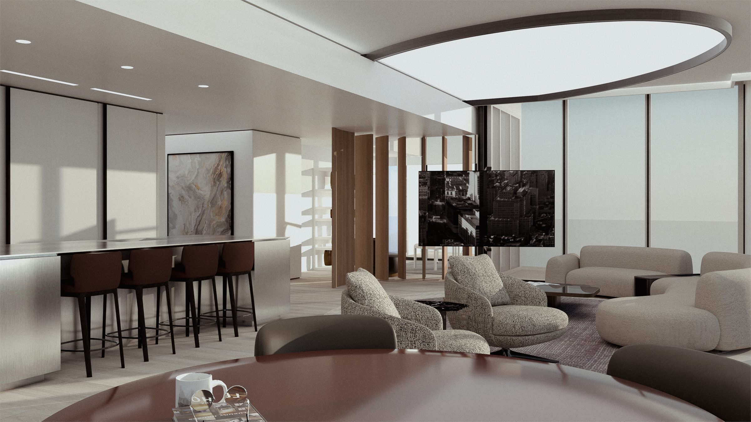 Living room with a bar counter along one wall, curved seating, and full-height glazing to the water