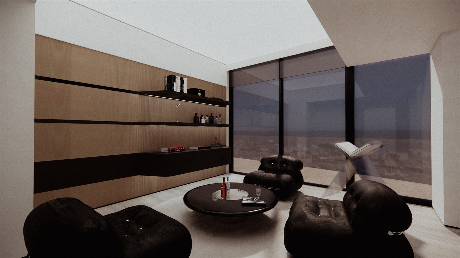 Dark lounge with rounded seating, a low table, and timber shelving against the window