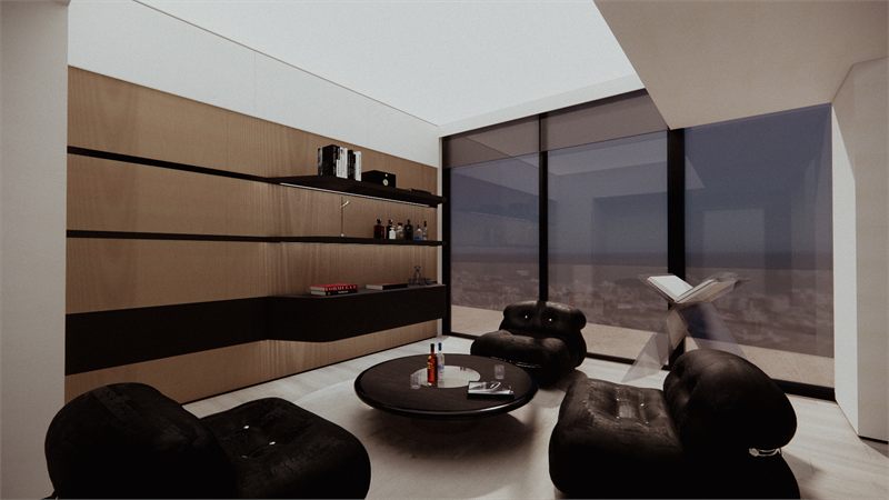 Dark lounge with rounded seating, a low table, and timber shelving against the window