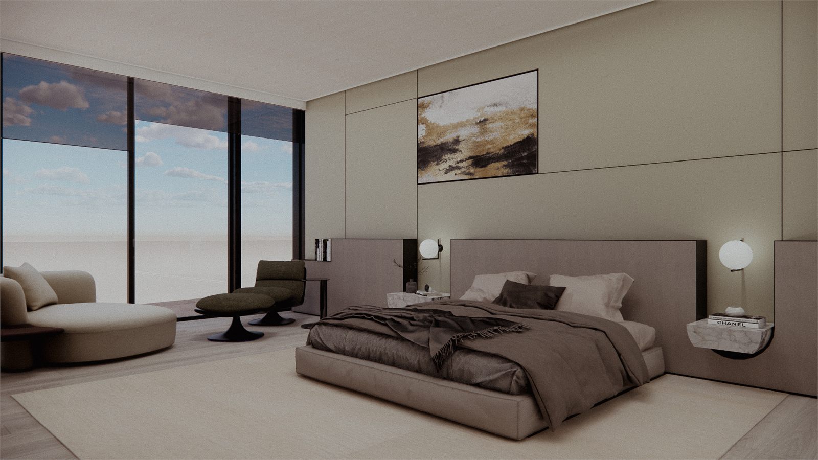 Master bedroom with an upholstered headboard wall and glazing to the bay