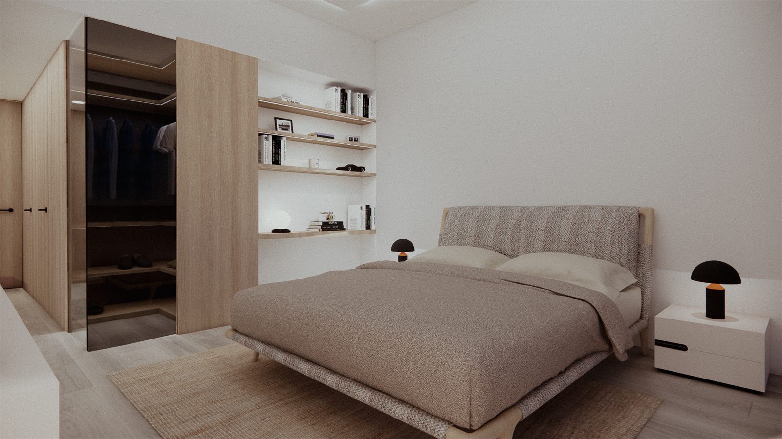 Bed seen past an open dressing area with shelving and a mirrored wardrobe