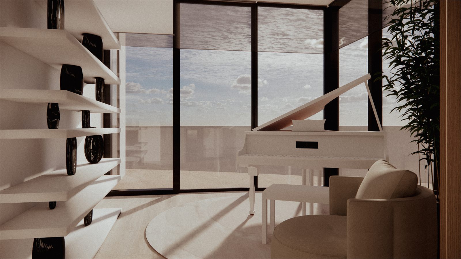 Grand piano beside open shelving and planting, glazing on two sides
