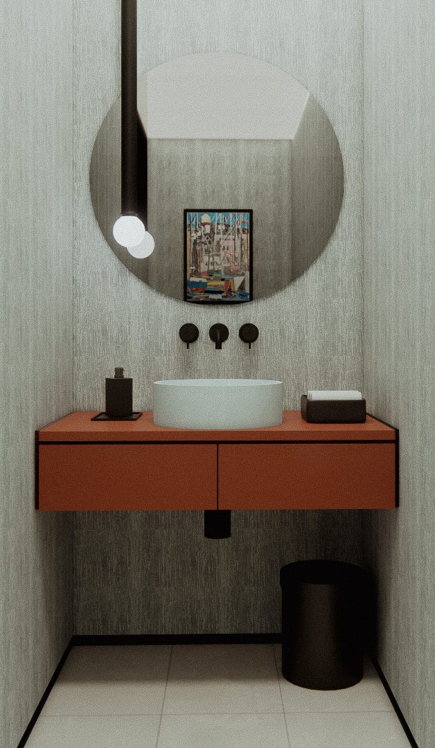 Powder room with a round mirror above a terracotta vanity