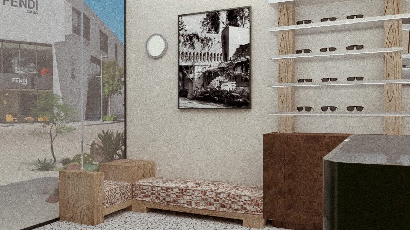 Woven bench below a framed print, planting and the street beyond