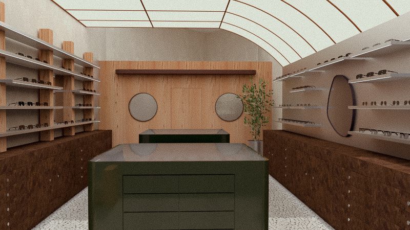 Green service counter below the vaulted timber ceiling, frames on rails to either side