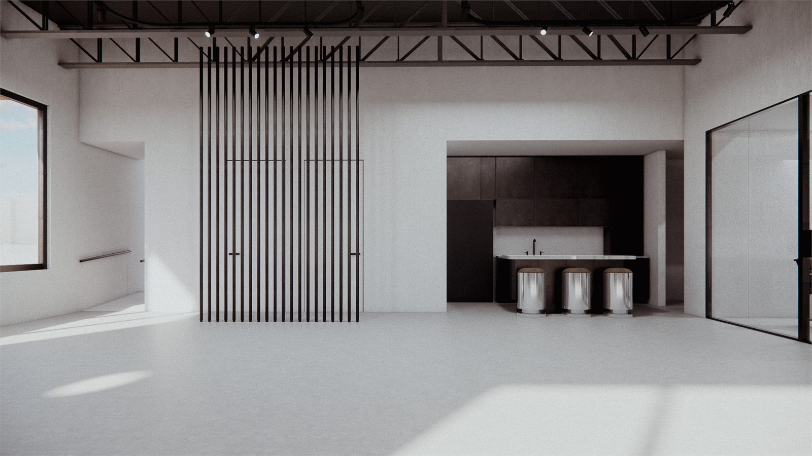 Bar counter and stools against the dark service wall