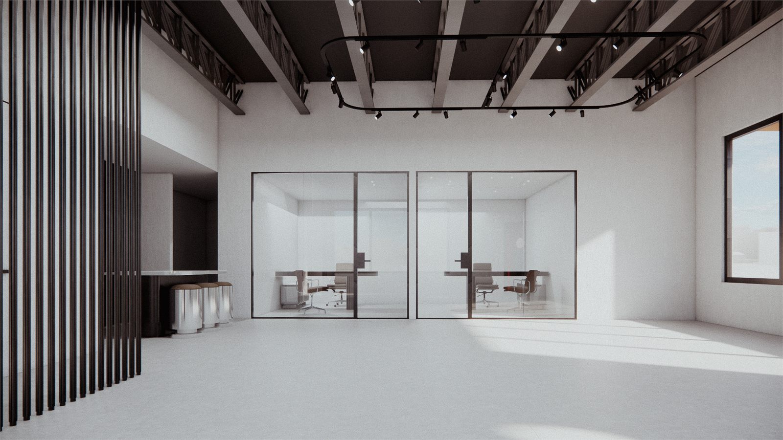 Glazed meeting rooms set behind the screens under exposed trusses