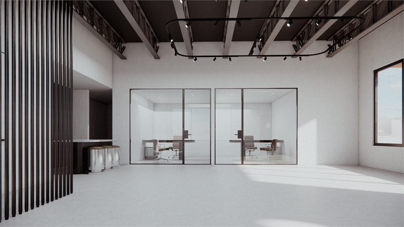 Glazed meeting rooms set behind the screens under exposed trusses
