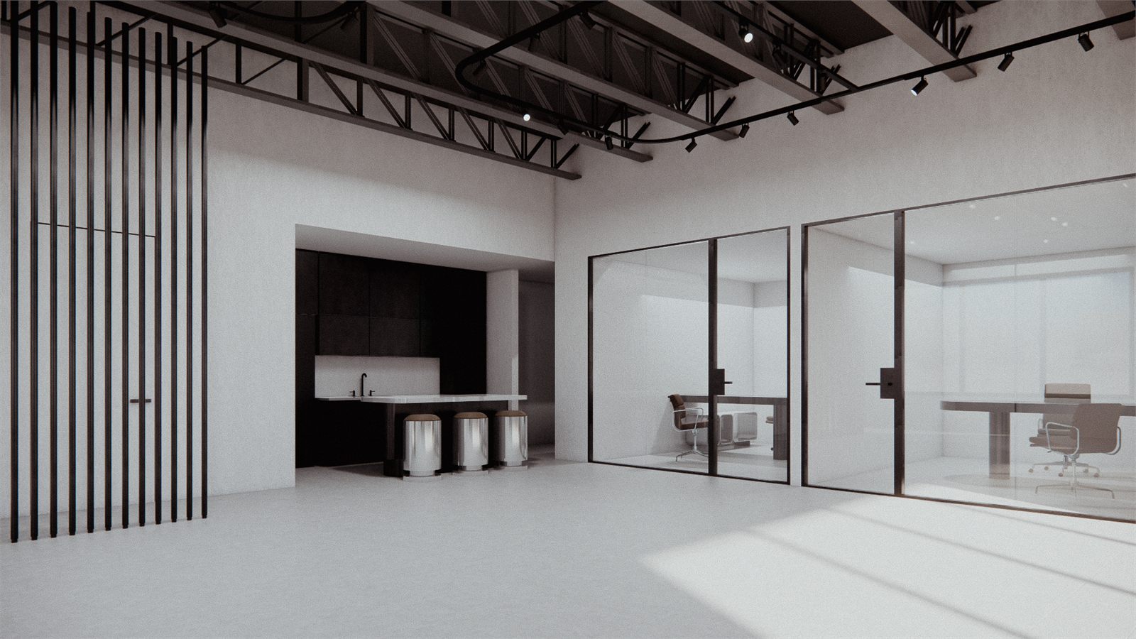 Blackened vertical screens filtering light across the polished floor