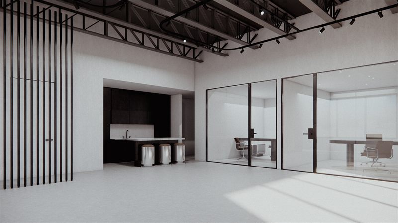 Blackened vertical screens filtering light across the polished floor