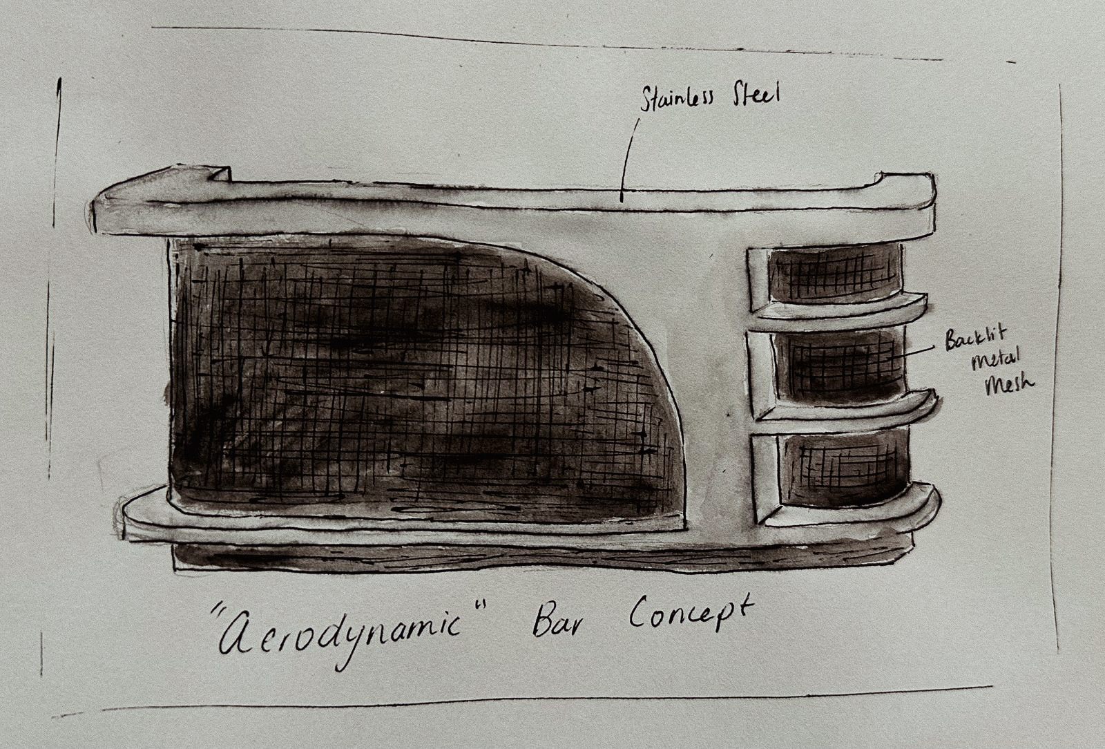 Pencil and wash elevation of a curved bar front in dark timber with brass detail, annotated