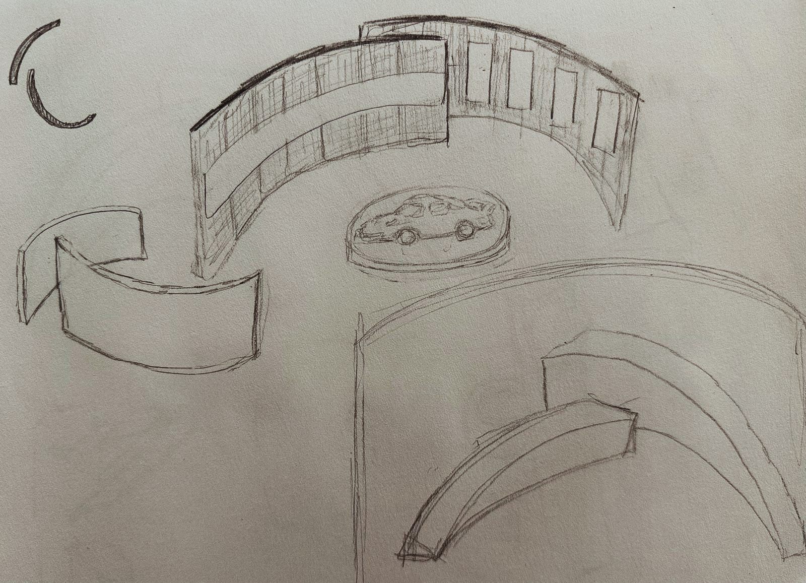 Pencil study of a curved display wall wrapping a car, with a ribbed base