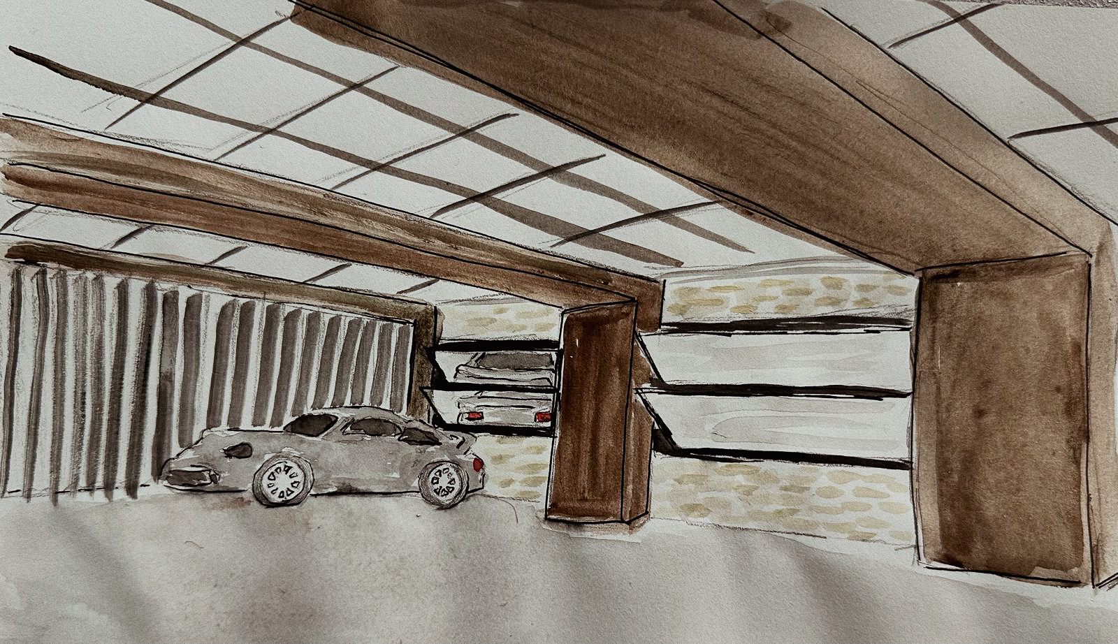 Perspective of a car under a slatted timber ceiling with tall drapes to one side