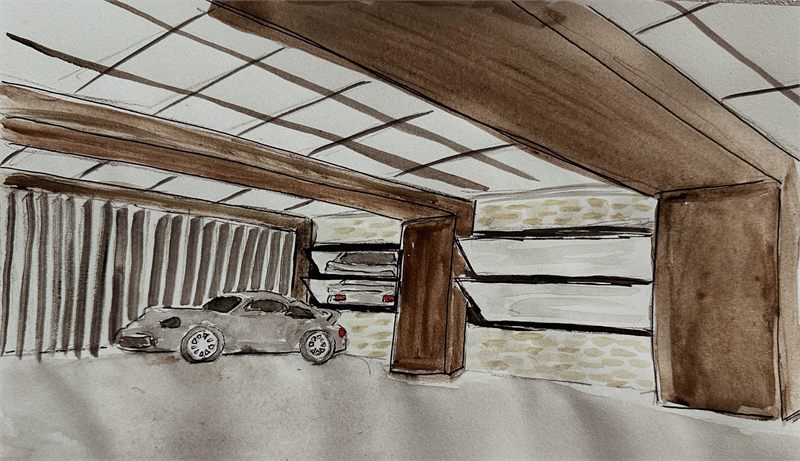 Perspective of a car under a slatted timber ceiling with tall drapes to one side